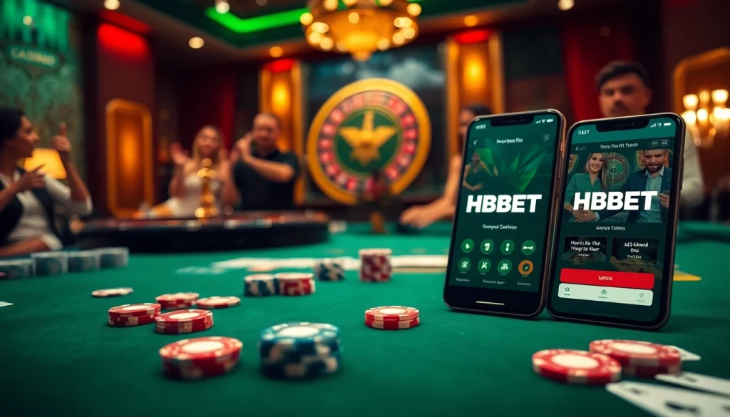Engaged gamblers placing bets on the HBBET platform with vibrant casino visuals.