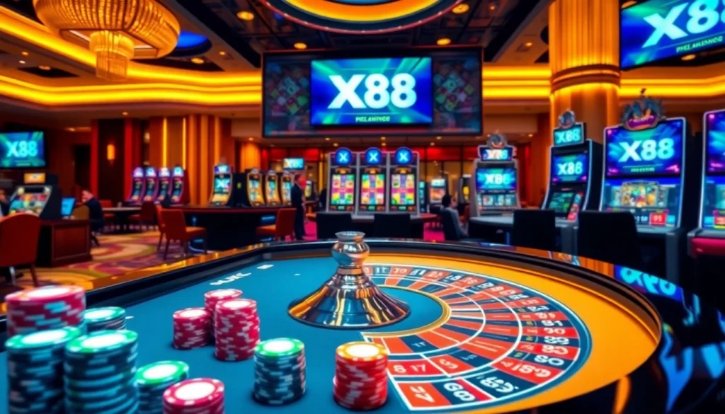 Engaging casino gameplay scene at XX88 showcasing roulette, poker chips, and players.