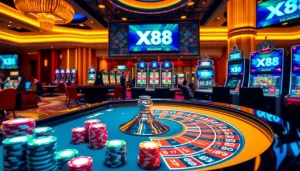 Engaging casino gameplay scene at XX88 showcasing roulette, poker chips, and players.