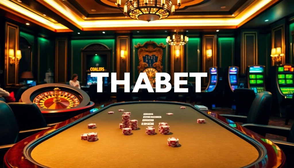 Engaged players strategizing at a THABET poker table in a luxurious casino setting.