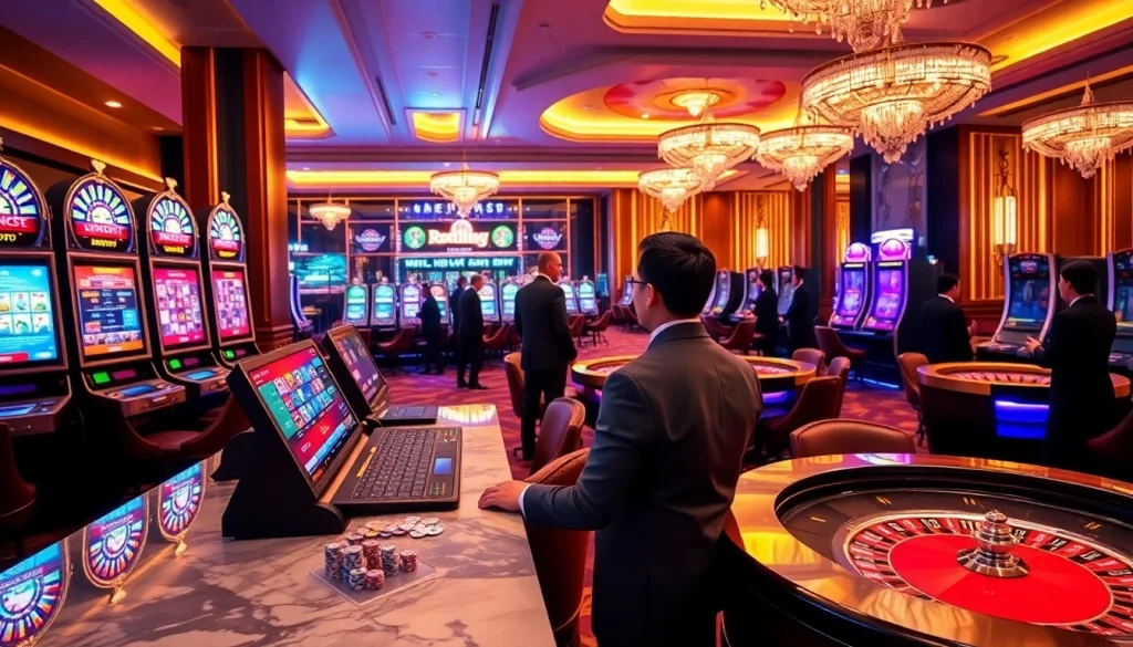 Nohu90 đăng nhập features a luxurious online casino interface with vibrant slots and poker action.