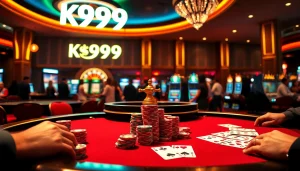 Players winning at k9k9 casino with poker chips and a roulette wheel in a luxurious atmosphere.