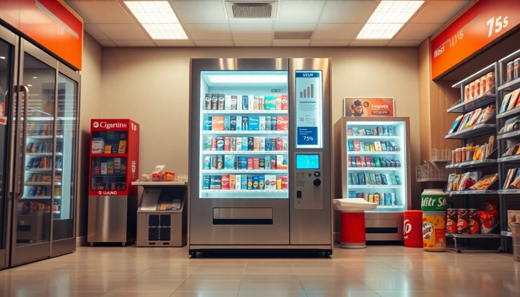 Cigarette vending machine displaying various cigarette brands in a modern convenience store setting.