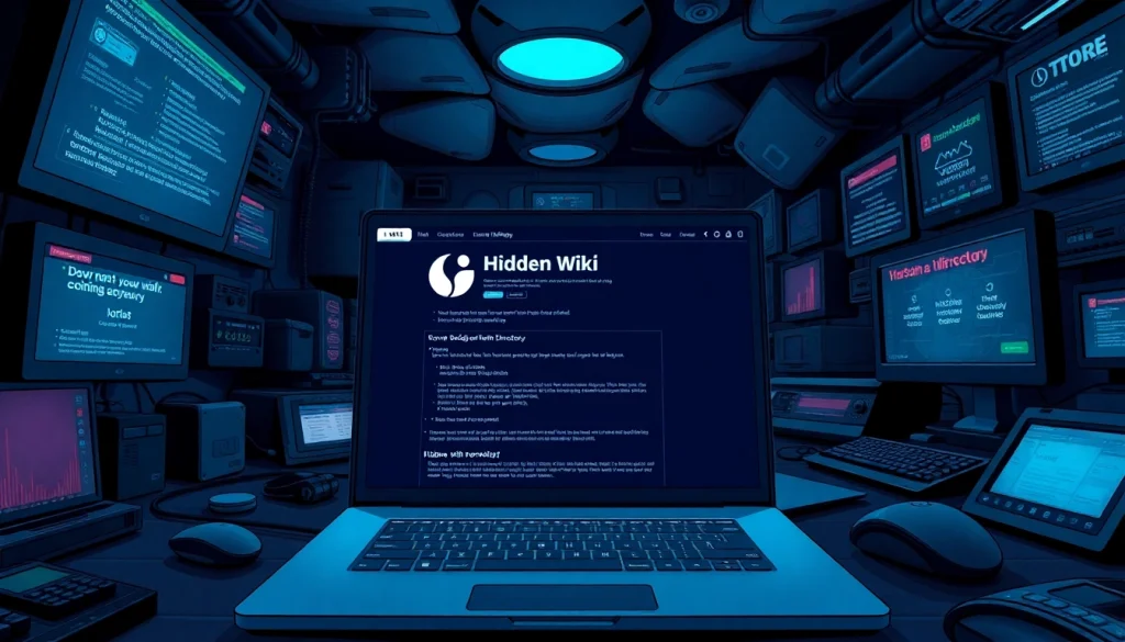Explore the hidden wiki directory with a dark web scene showcasing a laptop and Tor browsing interface.