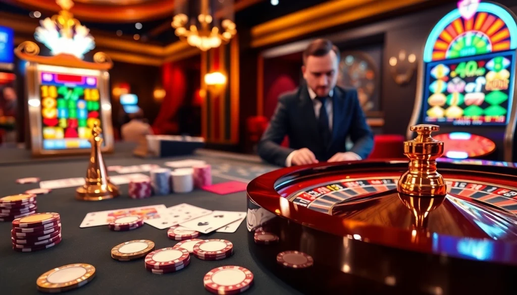 Experience the thrill of winning at OK365's luxurious gaming tables with vibrant poker chips and cards.