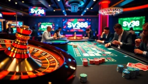 Exciting casino scene showcasing the sv388 link with a roulette wheel and enthusiastic players.
