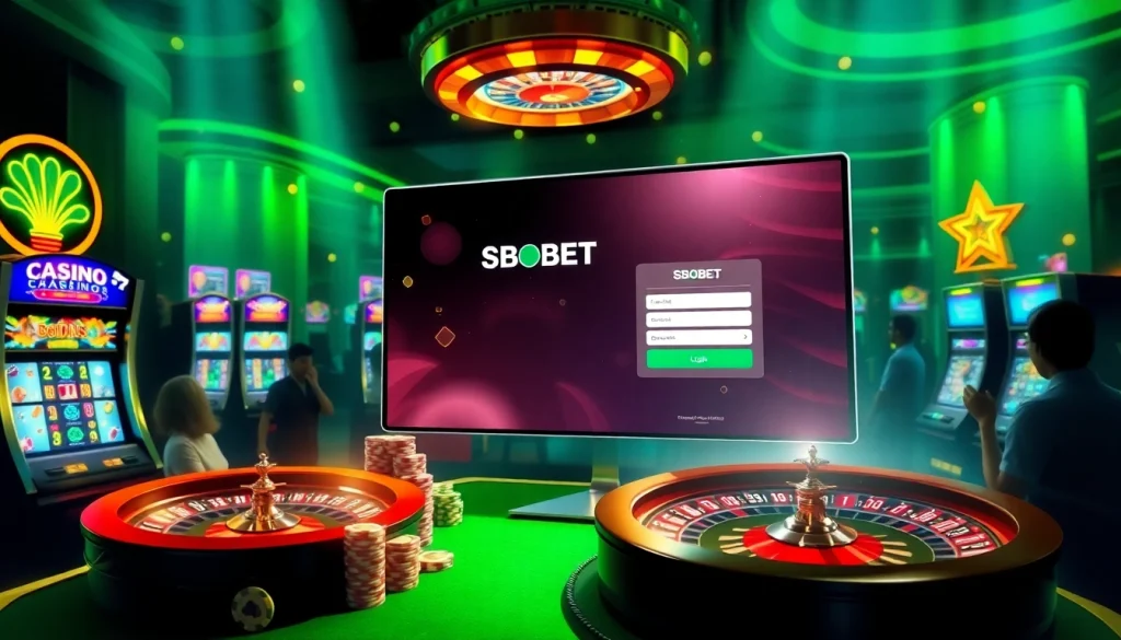 SBOBET login terbaru interface surrounded by poker chips and vibrant casino elements.