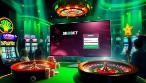 SBOBET login terbaru interface surrounded by poker chips and vibrant casino elements.