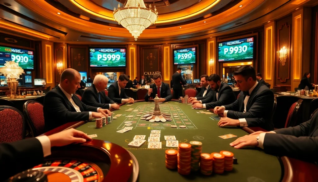 A vibrant casino scene showcasing high-stakes poker gameplay at a table, featuring chips and gameplay options linked to PS99.
