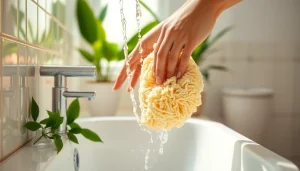 Learn how to clean a loofah in a bright bathroom setting with fresh plants.