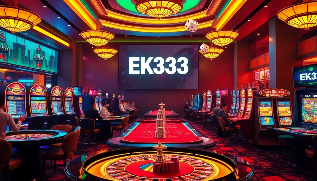 Experience the excitement of EK333 with players enjoying diverse casino games and vibrant digital displays.