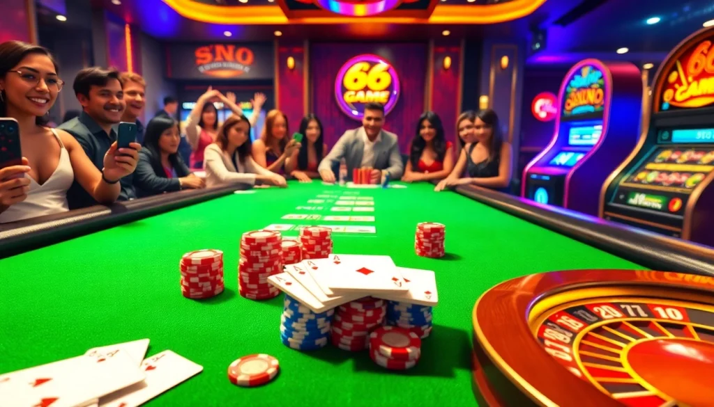 Experience the thrill of 68 Game Bài with vibrant poker chips and a lively casino table scene.