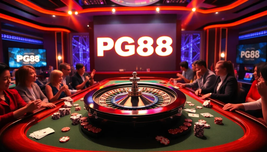 Gamblers enjoying the excitement of PG88 at a luxurious casino table with cards and chips.