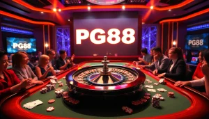 Gamblers enjoying the excitement of PG88 at a luxurious casino table with cards and chips.