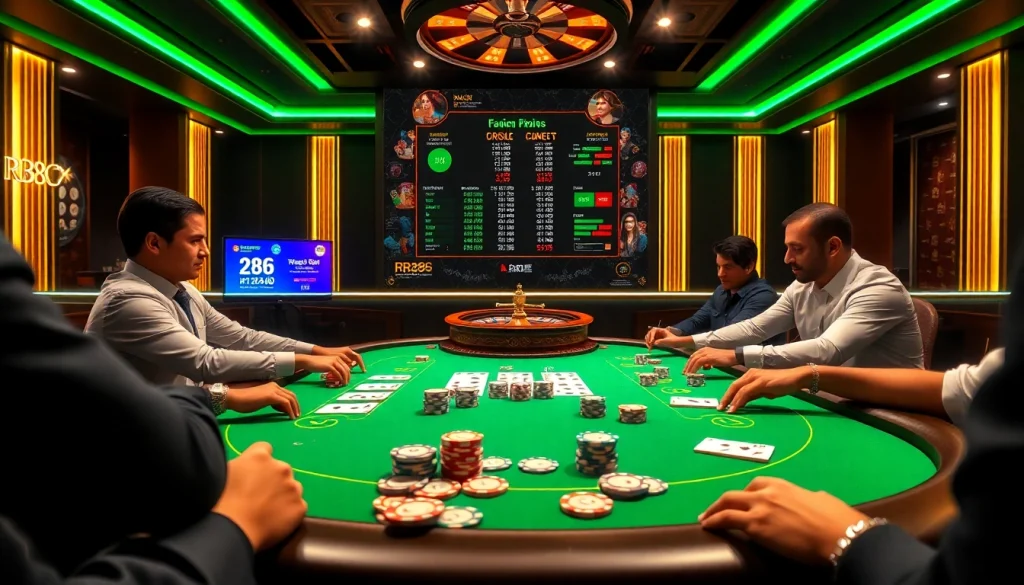 Exciting RR88 poker scene with vibrant colors and engaged players at a luxurious casino table.