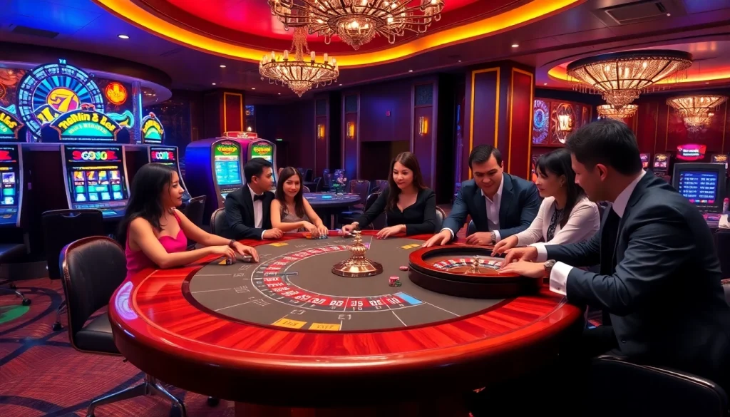 Experience thrilling gameplay at 98win vn with luxury poker and slot machines in a vibrant casino atmosphere.