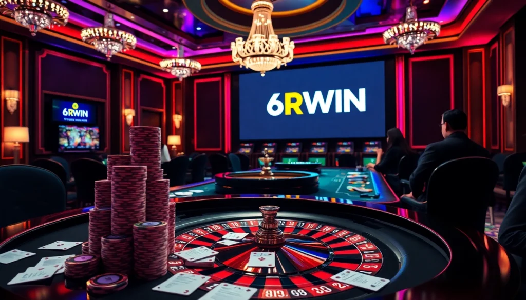 Players enjoying a thrilling game of poker at a luxurious 6RWIN casino table, showcasing vibrant colors and excitement.
