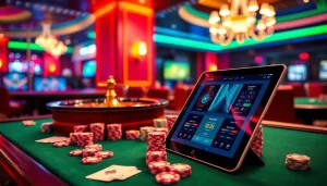 Engaging casino scene illustrating the hidden wiki's role in online gambling, featuring poker chips, roulette wheel, and digital interface.