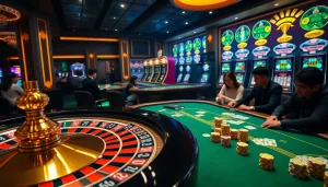 Experience the excitement of khuyến mãi okfun with a vibrant casino scene featuring roulette and poker games.