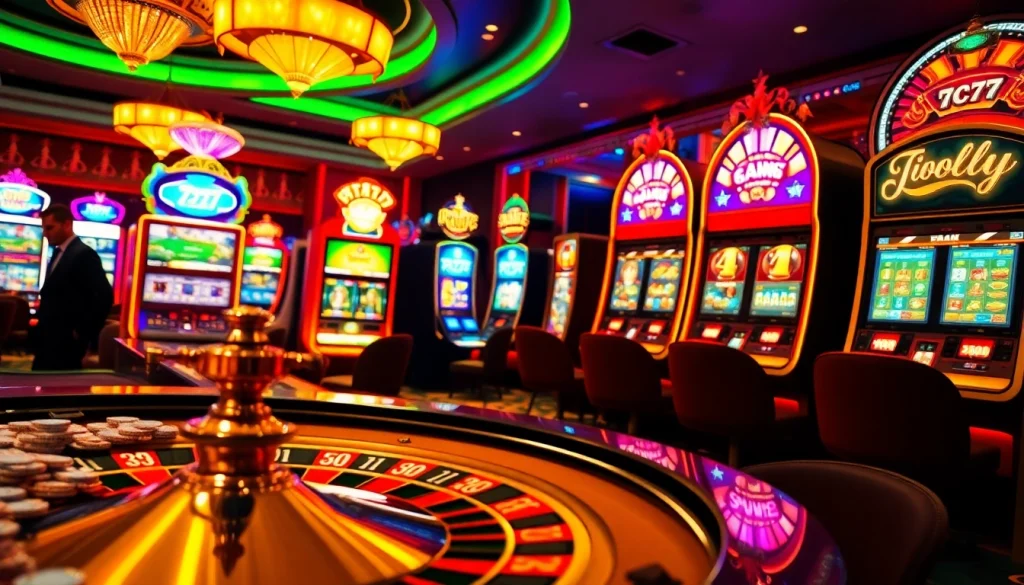 Experience the thrilling atmosphere of 7C77 Casino with vibrant roulette and slot machine action.
