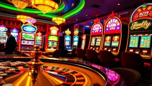 Experience the thrilling atmosphere of 7C77 Casino with vibrant roulette and slot machine action.