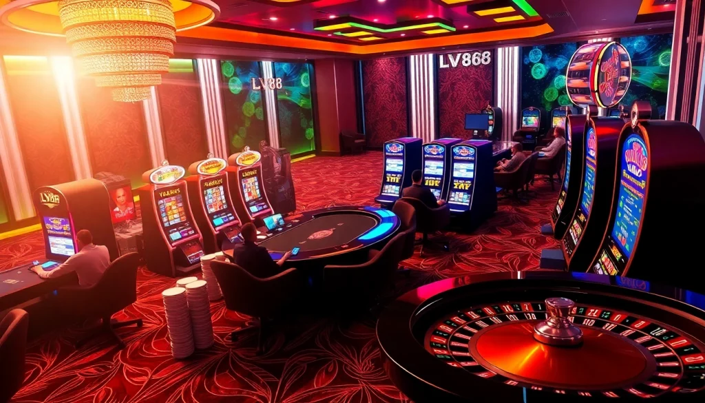 Experience high-stakes gaming at LV88 with vibrant casino tables and slot machines.