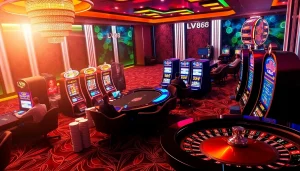 Experience high-stakes gaming at LV88 with vibrant casino tables and slot machines.