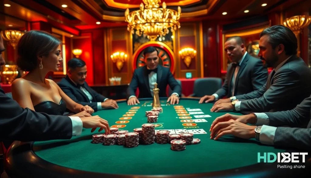 Players enjoying high-stakes games at a luxurious casino table, featuring HD BET chips and cards.