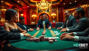 Players enjoying high-stakes games at a luxurious casino table, featuring HD BET chips and cards.