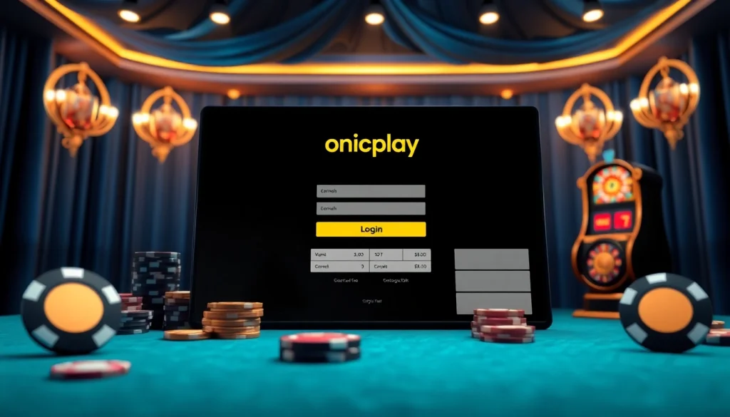 Engage with the onicplay login interface showcasing luxurious online gambling elements like chips and slot icons.