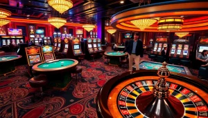 WE88 players enjoying vibrant casino atmosphere with tables featuring cards and chips.