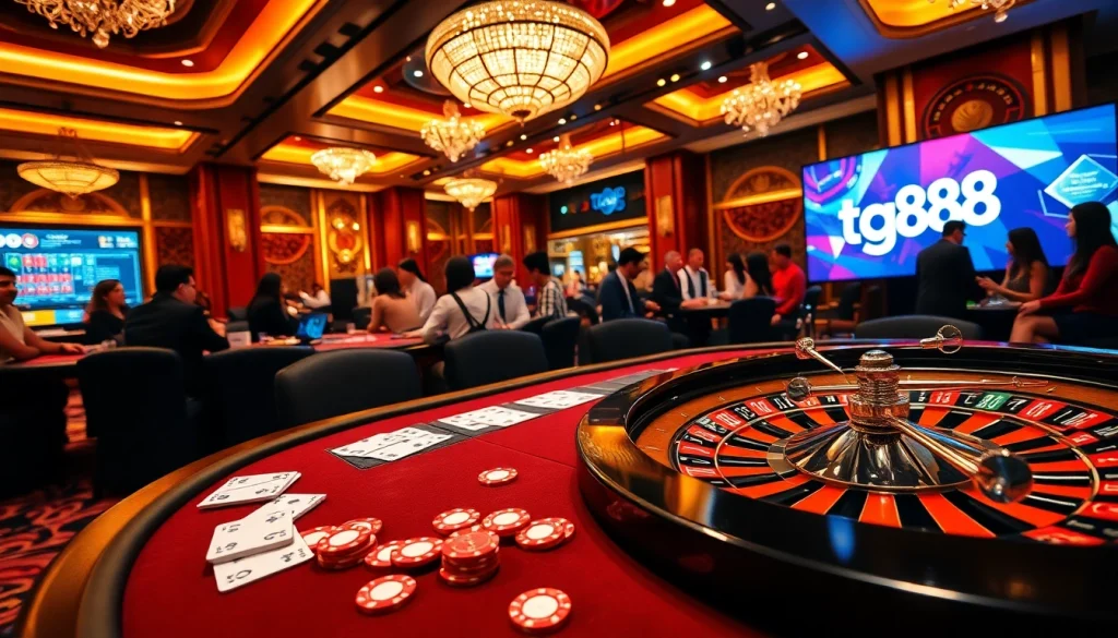 Players enjoying intense poker action at tg88 casino featuring vibrant chips and a roulette wheel.