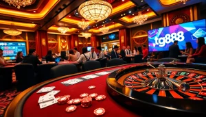 Players enjoying intense poker action at tg88 casino featuring vibrant chips and a roulette wheel.