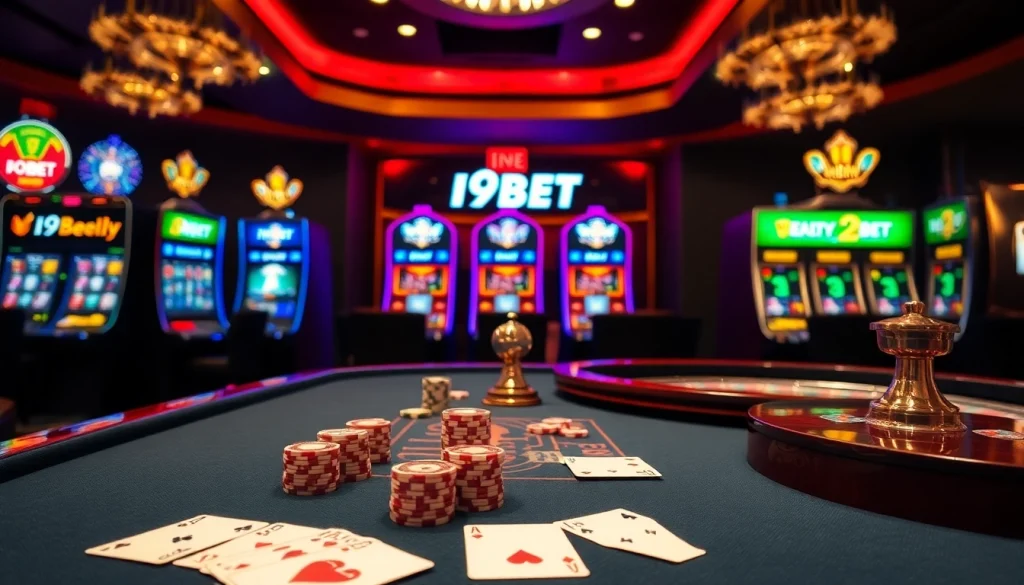 I9BET branded poker table with vibrant chips and cards in an elegant casino environment.