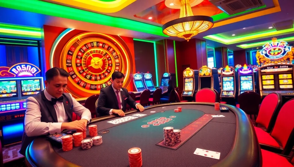 Players gambling at TV88, featuring poker, roulette, and colorful slot machines in a luxury casino setting.