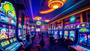 Exciting gg88 slot gaming environment with vibrant neon lights and enthusiastic players.
