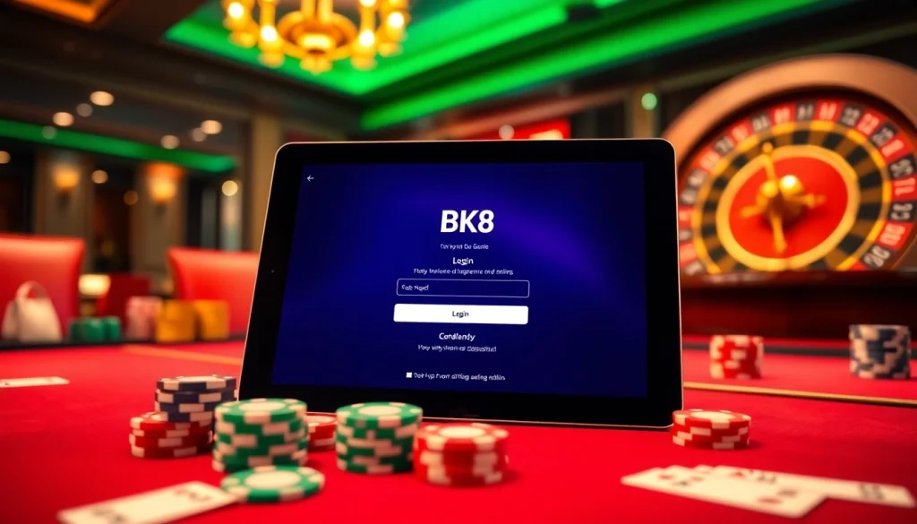 Access the BK8 login interface in a vibrant and luxurious casino setting with poker chips and cards.