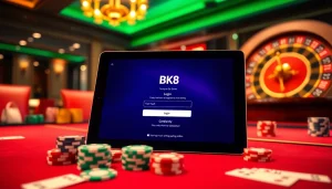 Access the BK8 login interface in a vibrant and luxurious casino setting with poker chips and cards.
