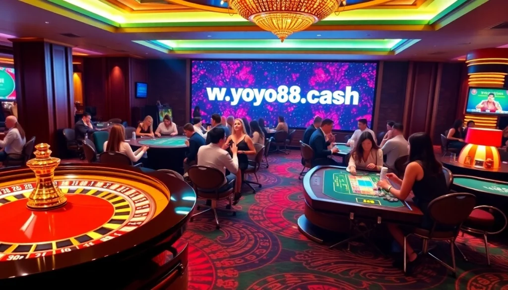 Engaging gamblers enjoying the thrill of a casino at https://yo88.cash/ with vibrant roulette and poker tables.
