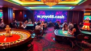 Engaging gamblers enjoying the thrill of a casino at https://yo88.cash/ with vibrant roulette and poker tables.