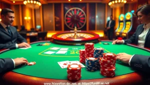 Experience thrilling poker action at https://fun88.se.net/ with a vibrant casino scene showcasing luxury and excitement.