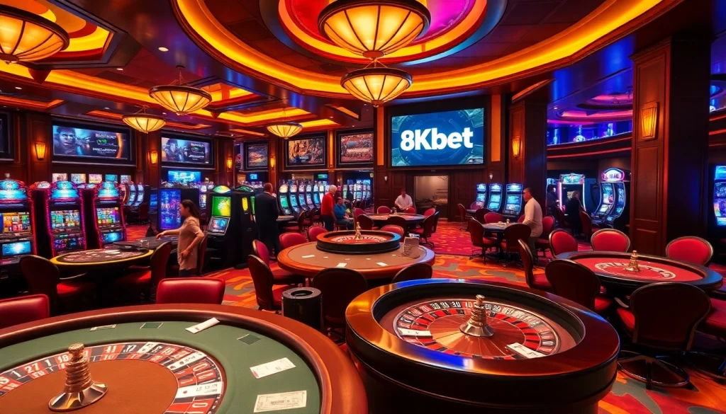Players enjoying high-stakes games at 8kbet casino tables, showcasing excitement and luxury.