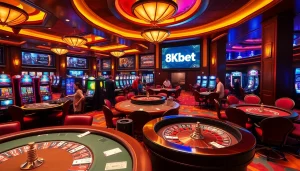 Players enjoying high-stakes games at 8kbet casino tables, showcasing excitement and luxury.