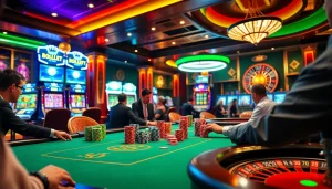 B52club players strategizing at a high-stakes poker table with vibrant casino elements.