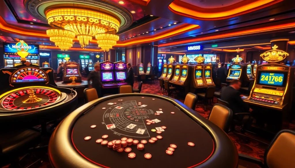 Engaging casino scene featuring blackjack tables, vibrant slot machines, and betting elements associated with https://mm88.ru.com/.