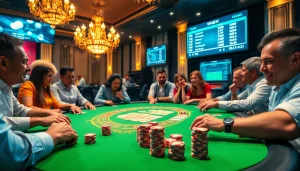 VJ88 bets at a thrilling poker table scene in a luxurious casino setting with vibrant colors.