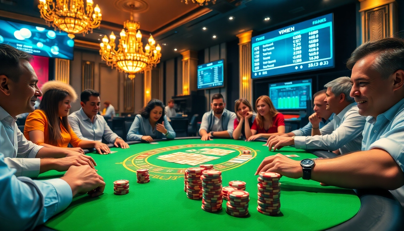 VJ88 bets at a thrilling poker table scene in a luxurious casino setting with vibrant colors.