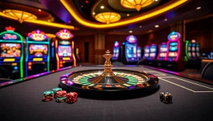 Experience the thrill of J88 gaming at an upscale casino with vibrant tables, chips, and dice.
