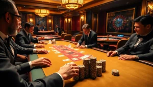Experience the excitement of nhà cái k9k9 with a vibrant poker table and elegant players.