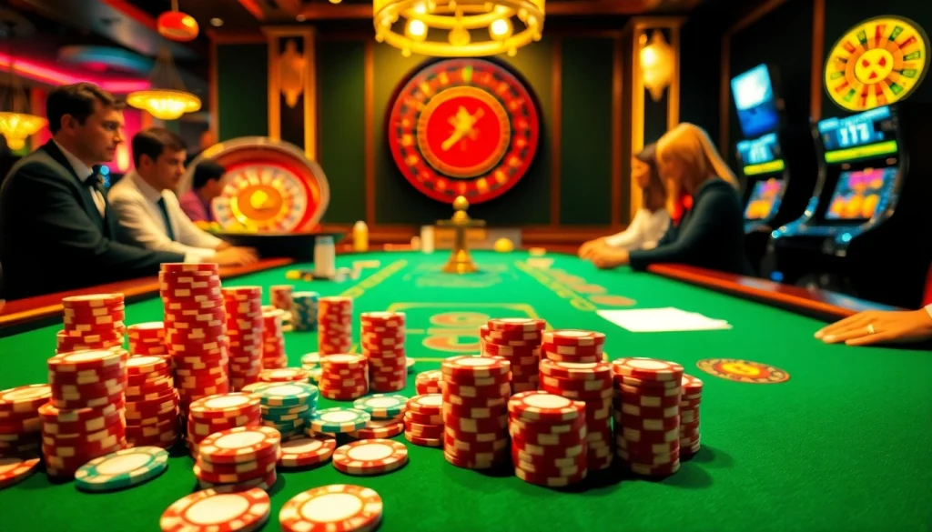 Players enjoying a thrilling poker game at KUWIN, featuring vibrant casino elements and an engaging atmosphere.